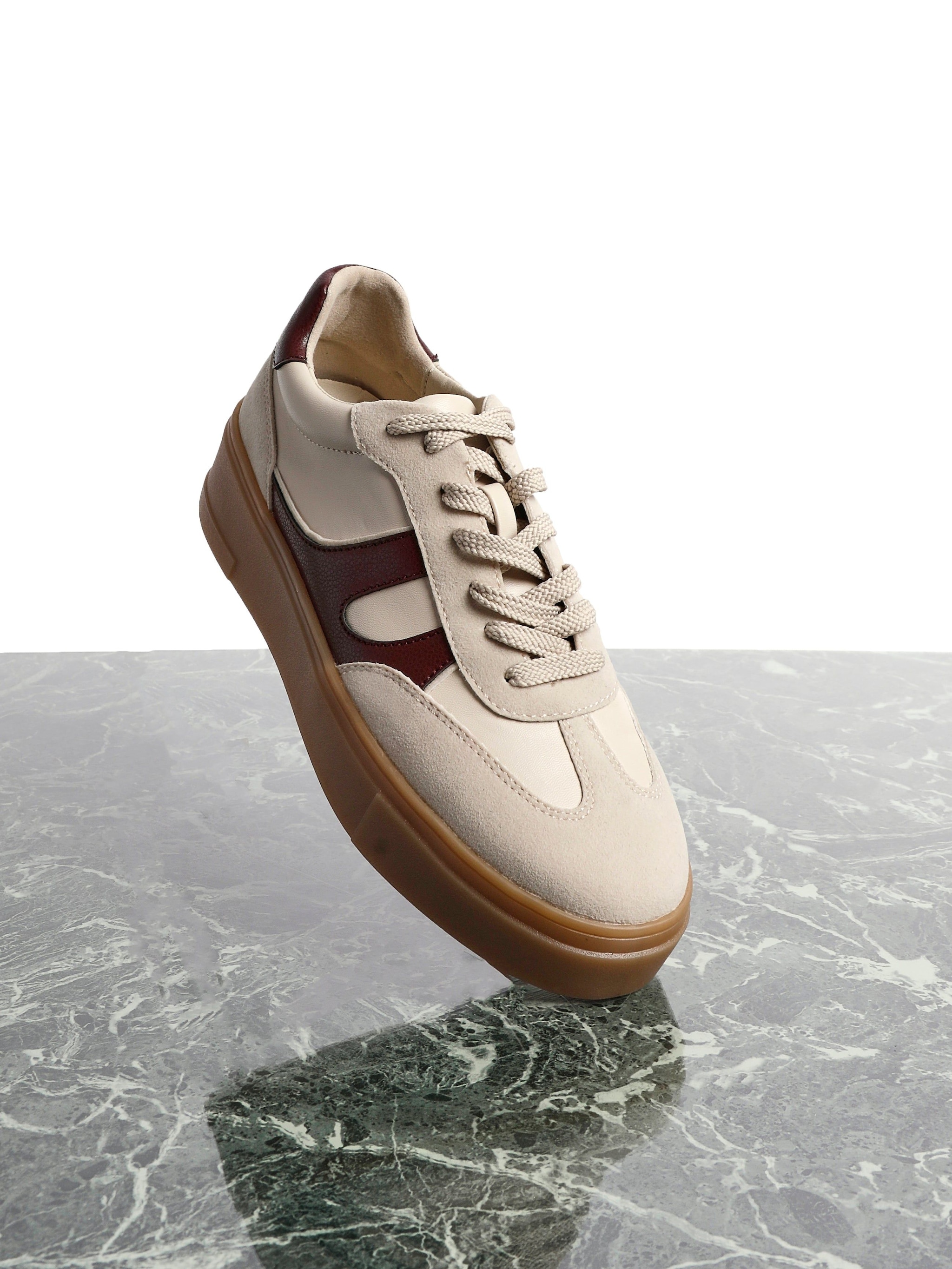 Linzi Kaia Nude And Burgundy Faux Leather Lace Up Flatform Trainers image 2