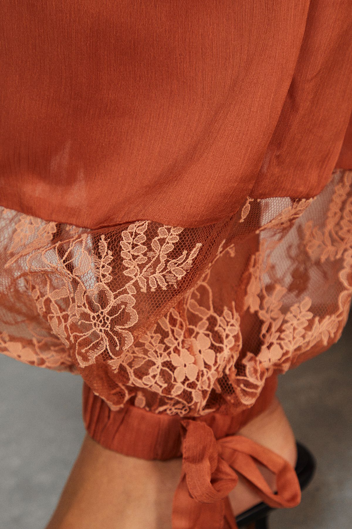 Warehouse Lace Insert Chiffon Cuffed Trousers Tan image 5