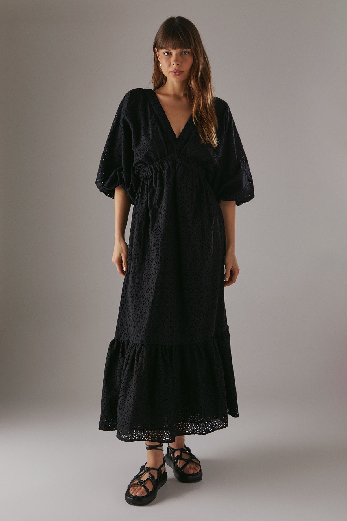 Warehouse Broderie Plunge Neck Volume Sleeve Smock Midi Dress Black