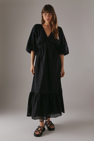 Warehouse Broderie Plunge Neck Volume Sleeve Smock Midi Dress Black