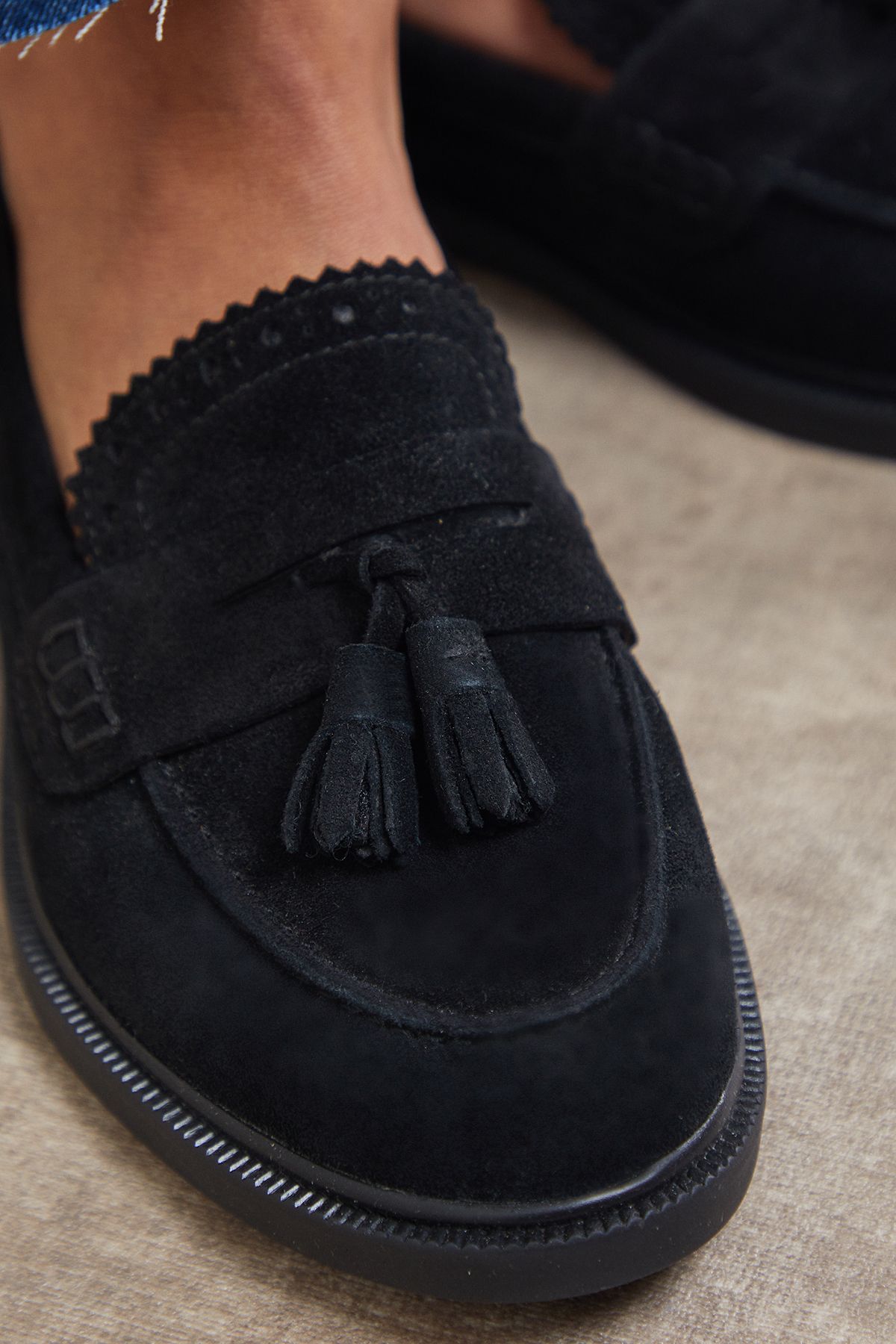 Oasis Bunny Suede Brogue Detail Tassel Loafers Natural Black image 4