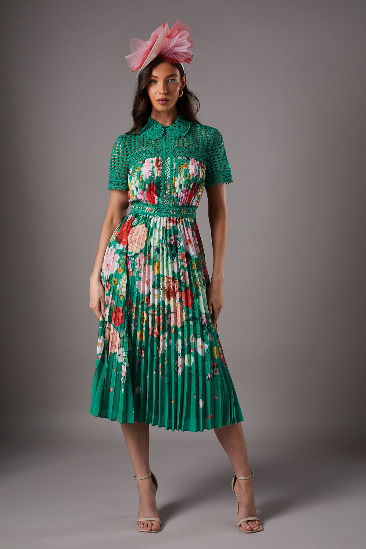 Coast Lisa Tan Lace Pleated Printed Midi Dress Green image 1