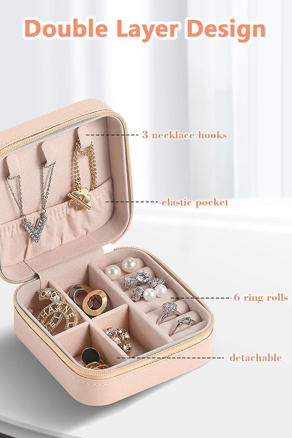 Living and Home Mini Portable PU Leather Jewelry Box Organizer Travel Jewellery Display Holder for Women image 3