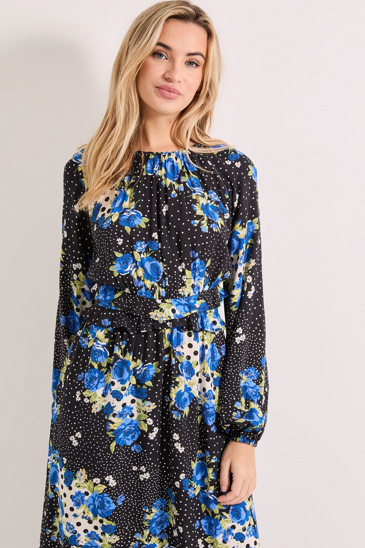 Dorothy Perkins Floral Spot Frill Waist Detail Blouson Sleeve Midi Dress Multi image 4