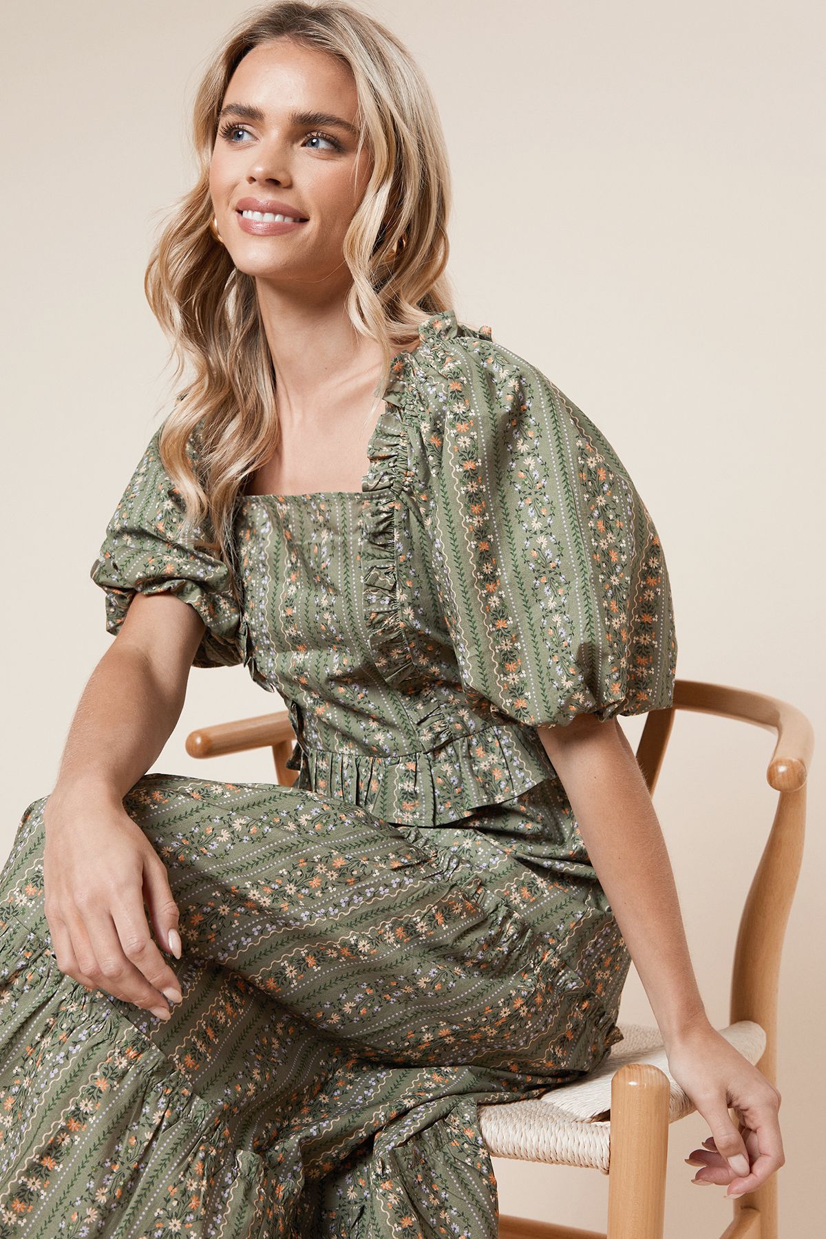 Dorothy Perkins Petite Green Linear Poplin Ruffle Square Neck Midi Dress Green image 4