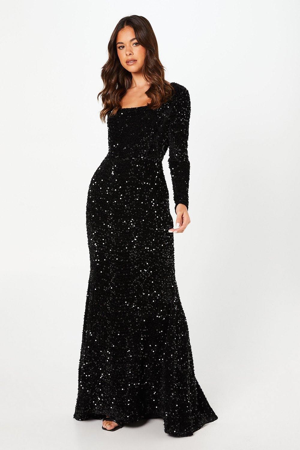 Coast Square Neck Velvet Sequin Long Sleeve Black Maxi Dress Black