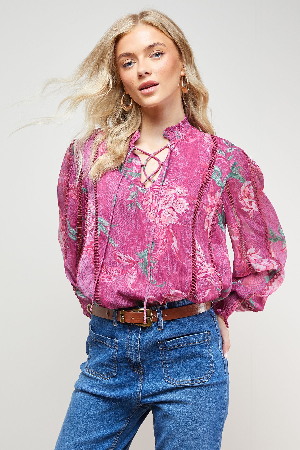 Oasis Printed Tie Neck Ruffle Detail Chiffon Blouse Floral image 2