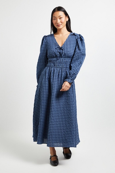 Dorothy Perkins Petite Shirred Waist Tie Detail Gingham Midaxi Dress Blue