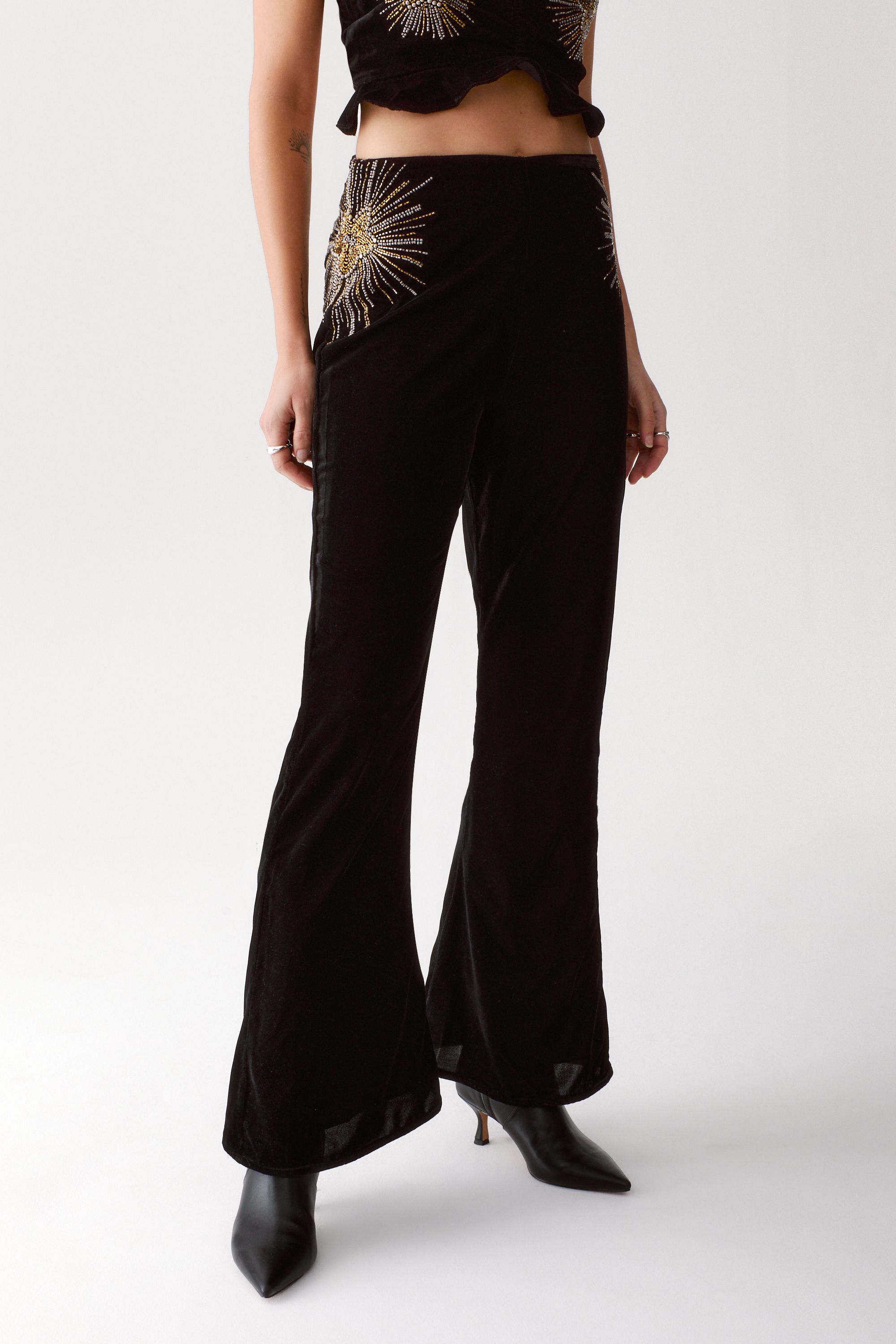 NastyGal Star Embellished Velvet Flared Pants Black image 2