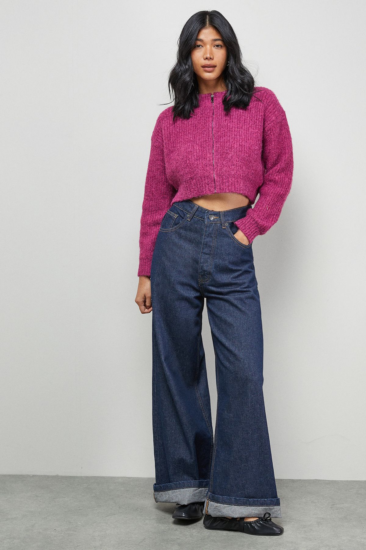 Warehouse Zip Up Rib Crew Cardigan Pink image 2