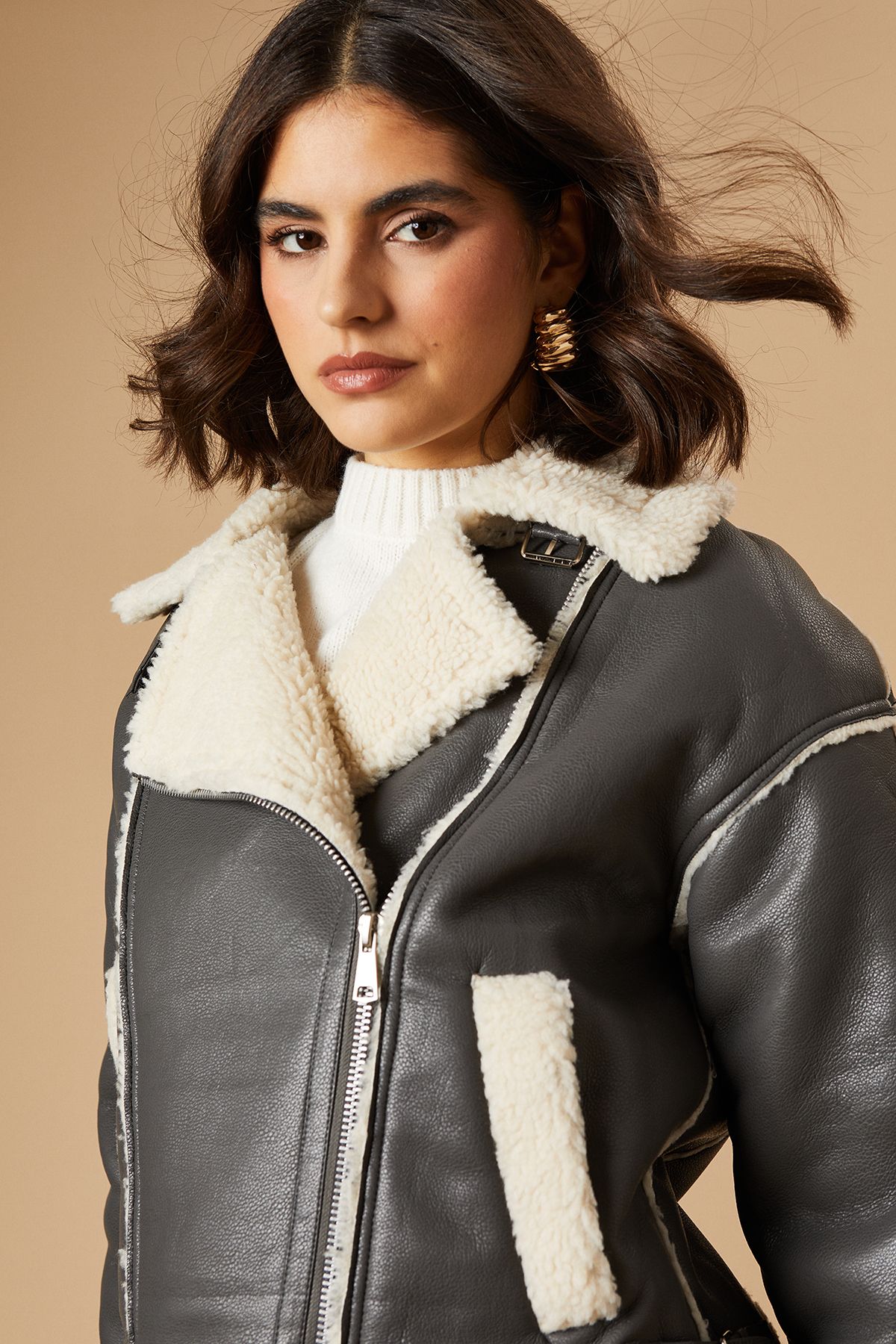 Oasis PU Borg Detail Collared Zip Jacket Grey image 4