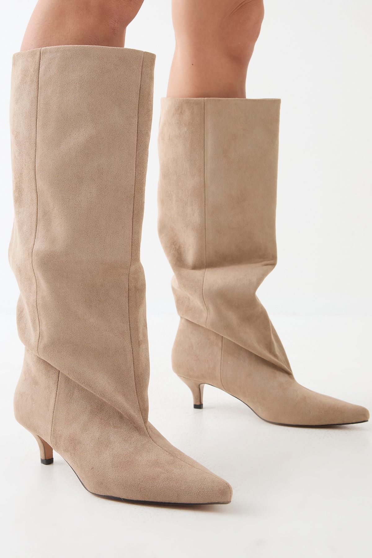 MissPap Low Stiletto Faux Suede Slouch Knee High Boots Taupe image 4