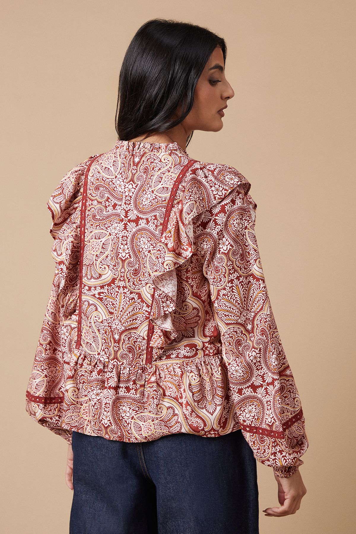 Oasis Paisley Printed Ruffle Lace Trim Top Rust image 4