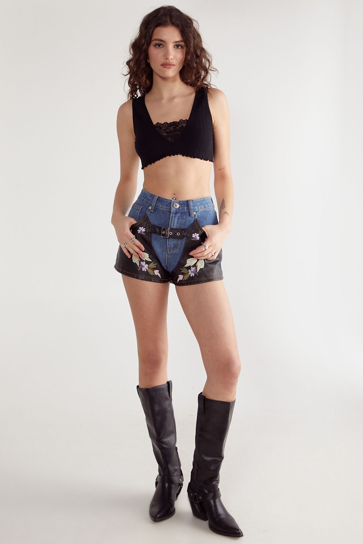 NastyGal Floral Denim Chaps Shorts Multi image 3