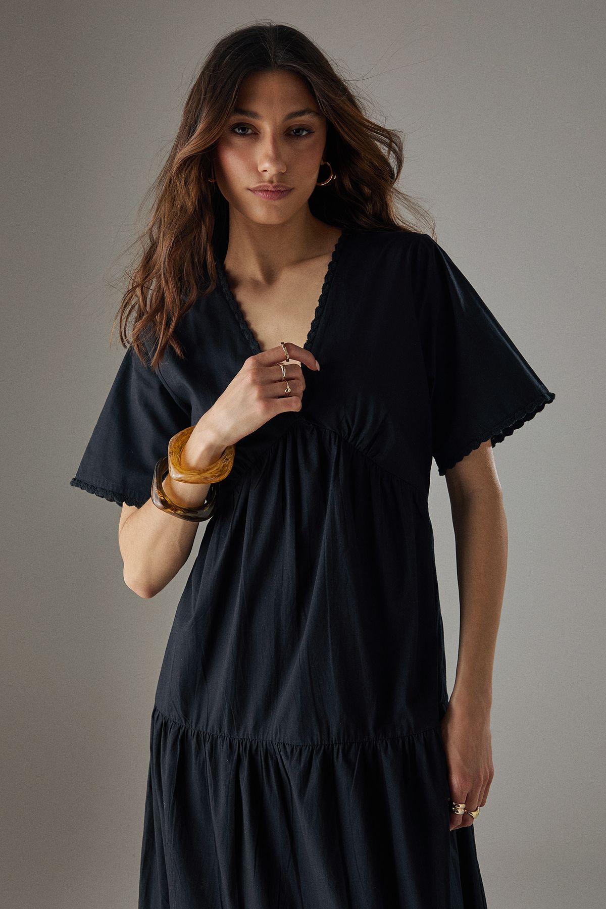 Warehouse Poplin Whipstitch Trim Midi Smock Dress Black image 2