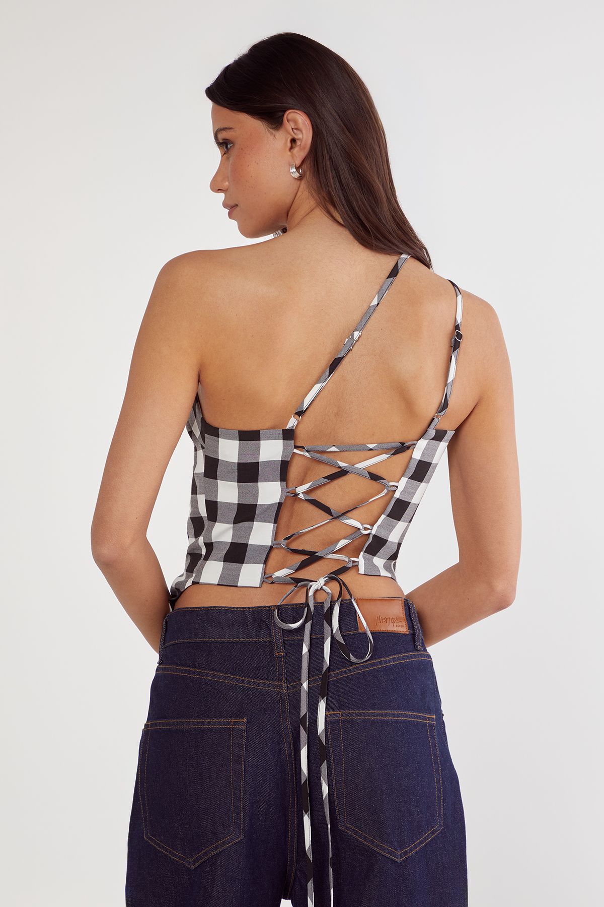 NastyGal Gingham Tailored Asym Neck Top Mono image 4