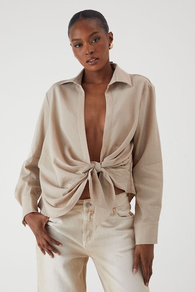 MissPap Linen Look Tie Side Oversized Shirt Stone