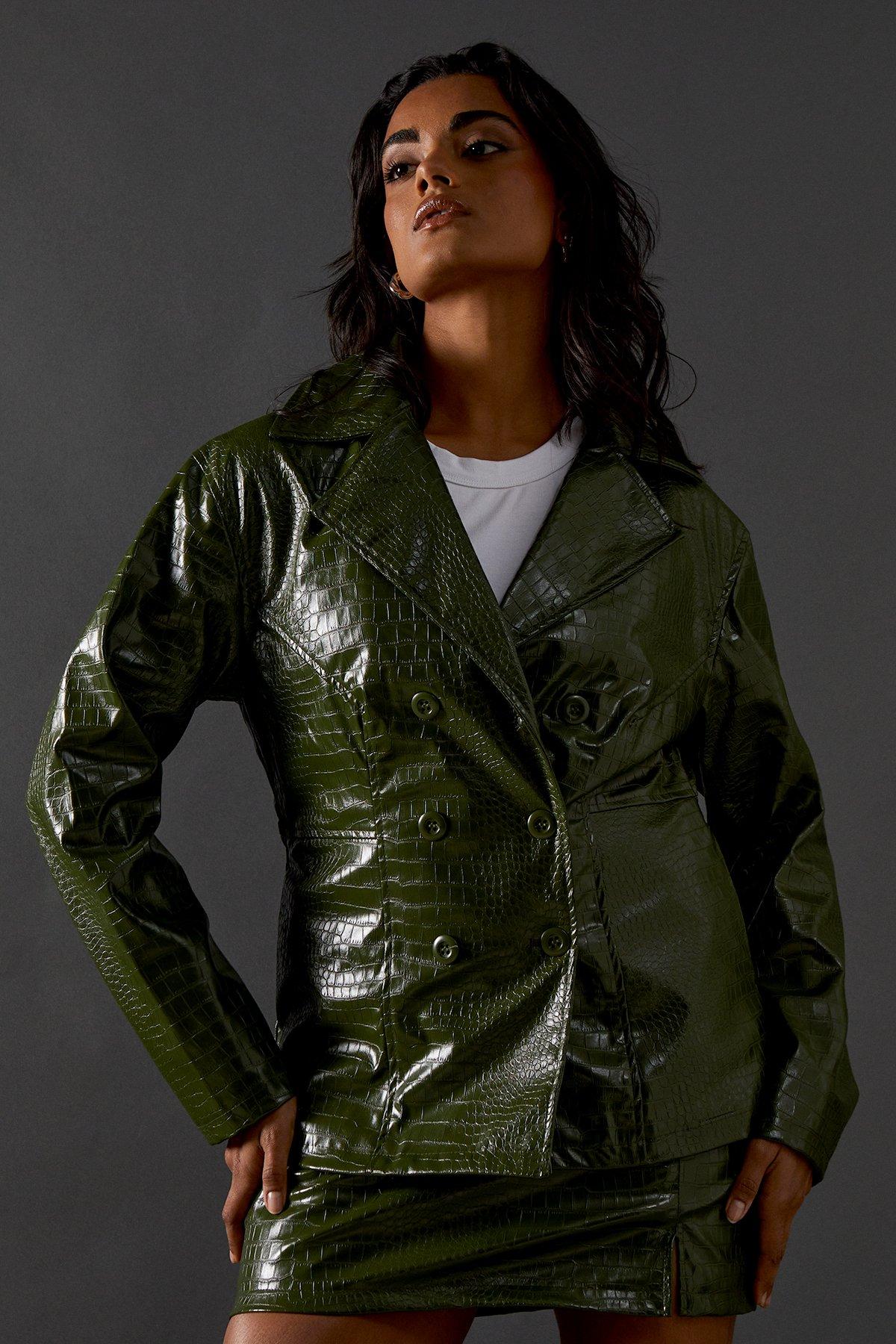 Warehouse Croc Waist Detail Faux Leather Jacket Green Olive image 1
