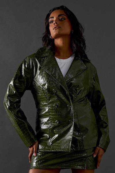Warehouse Croc Waist Detail Faux Leather Jacket Green Olive