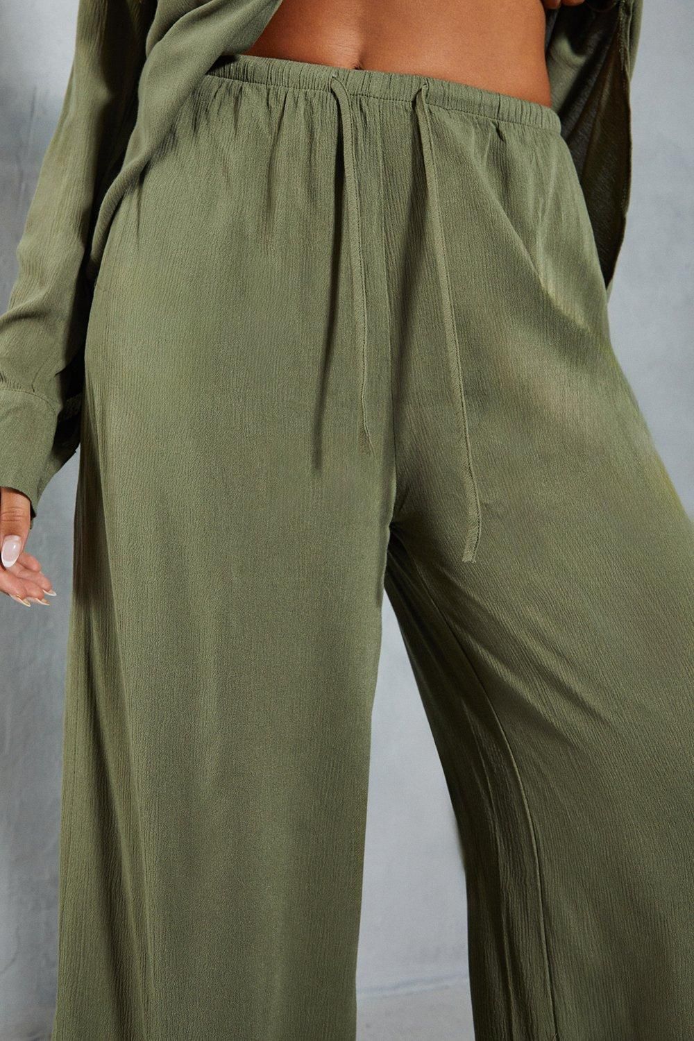 MissPap Crinkle Sheer Elastic Drawstring Waist Relaxed Trouser Khaki image 2