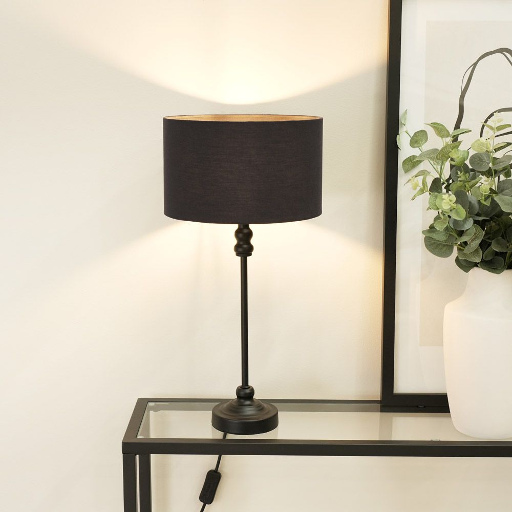 ValueLights Maggie Black Metal Candlestick Slim Table Lamp with Fabric Drum Lamp Shade image 1