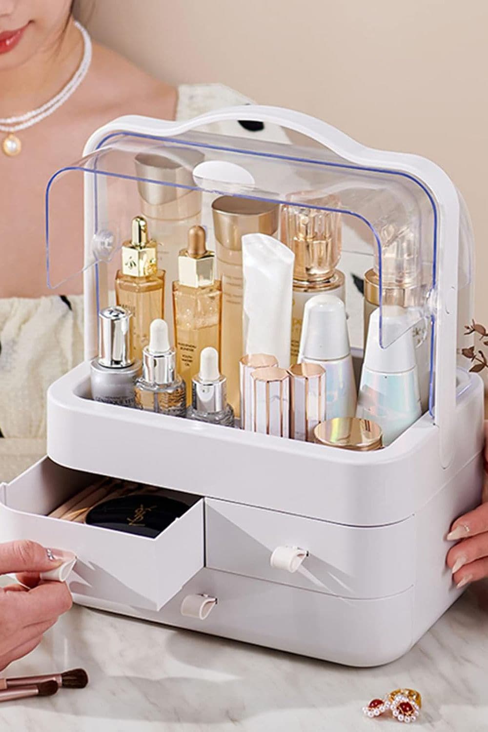 Living and Home 39CM High Cosmetic Organizer Makeup Storage Box With 3 Drawers And Transparent Lid image 3