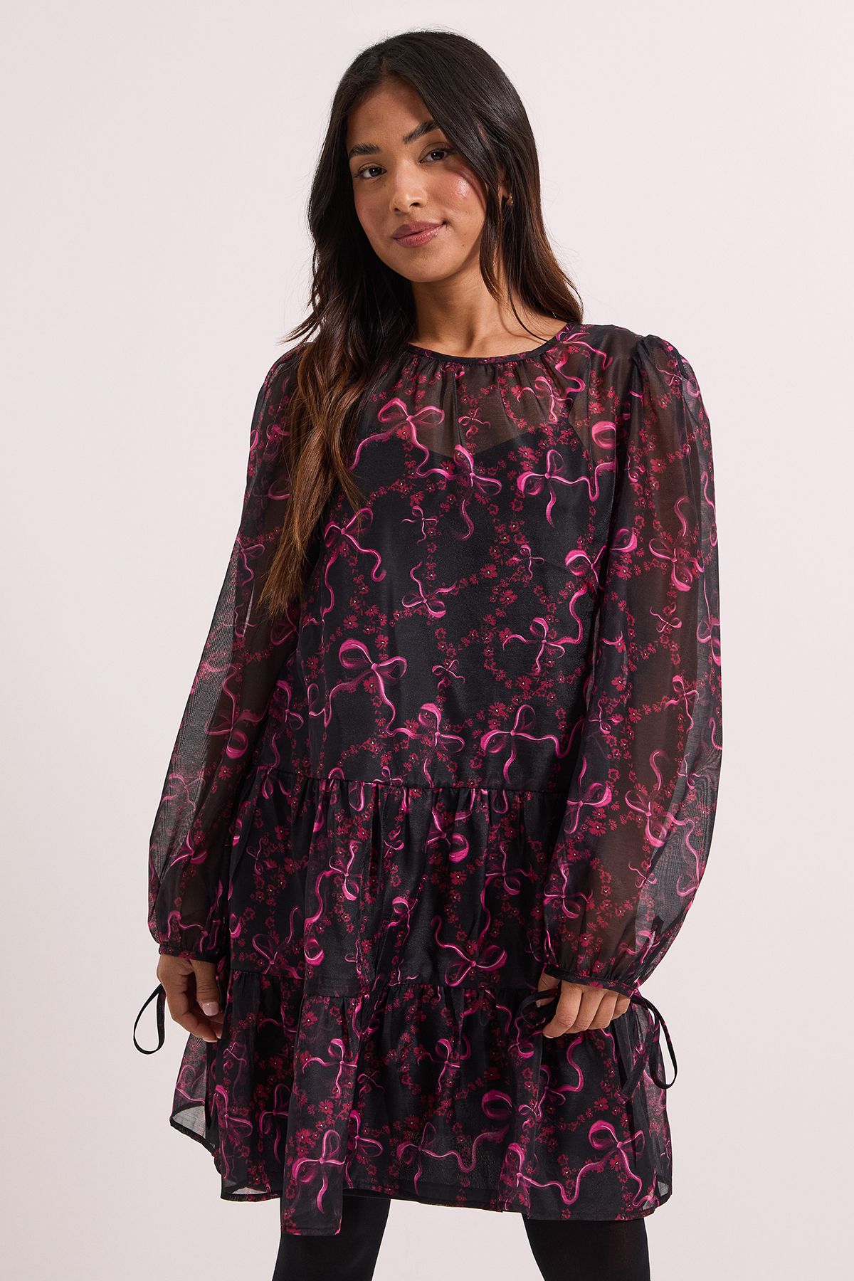 Dorothy Perkins Petite DP Luxe Printed Organza Blouson Sleeve Mini Dress Pink image 1