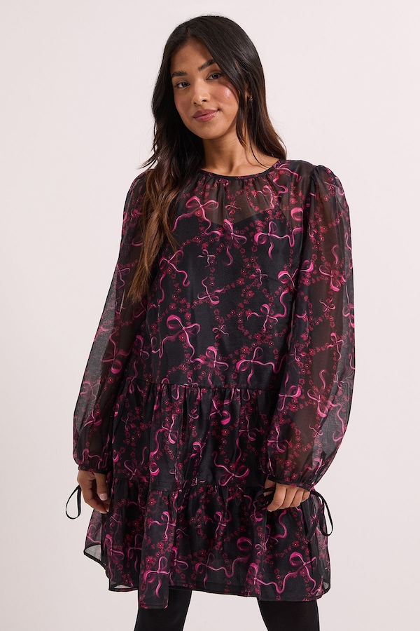 Dorothy Perkins Petite DP Luxe Printed Organza Blouson Sleeve Mini Dress Pink