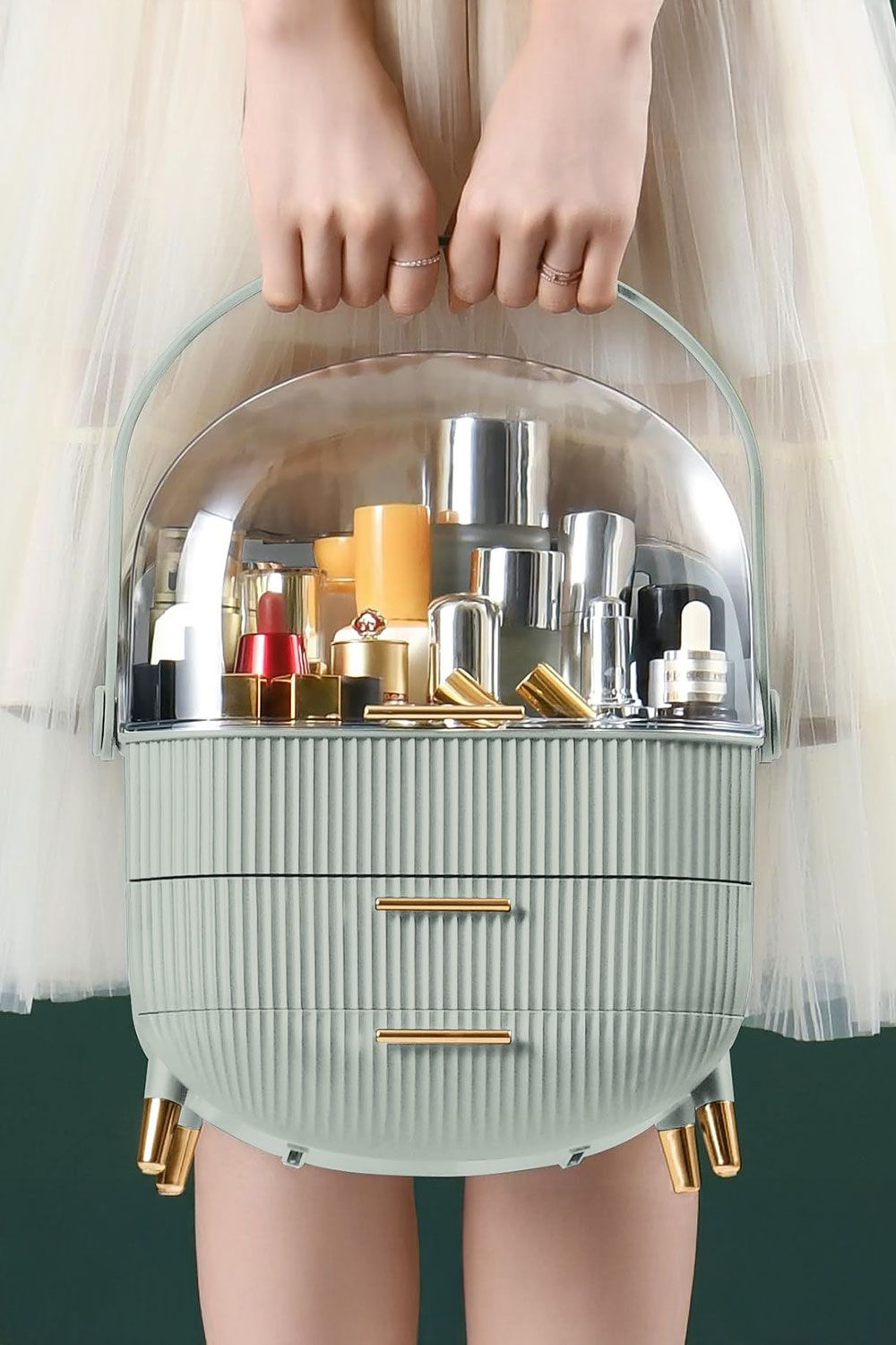 Neo Mint Green Three Layer Cosmetic Makeup Storage Organiser Skincare Display Box Case With Portable Handle image 1