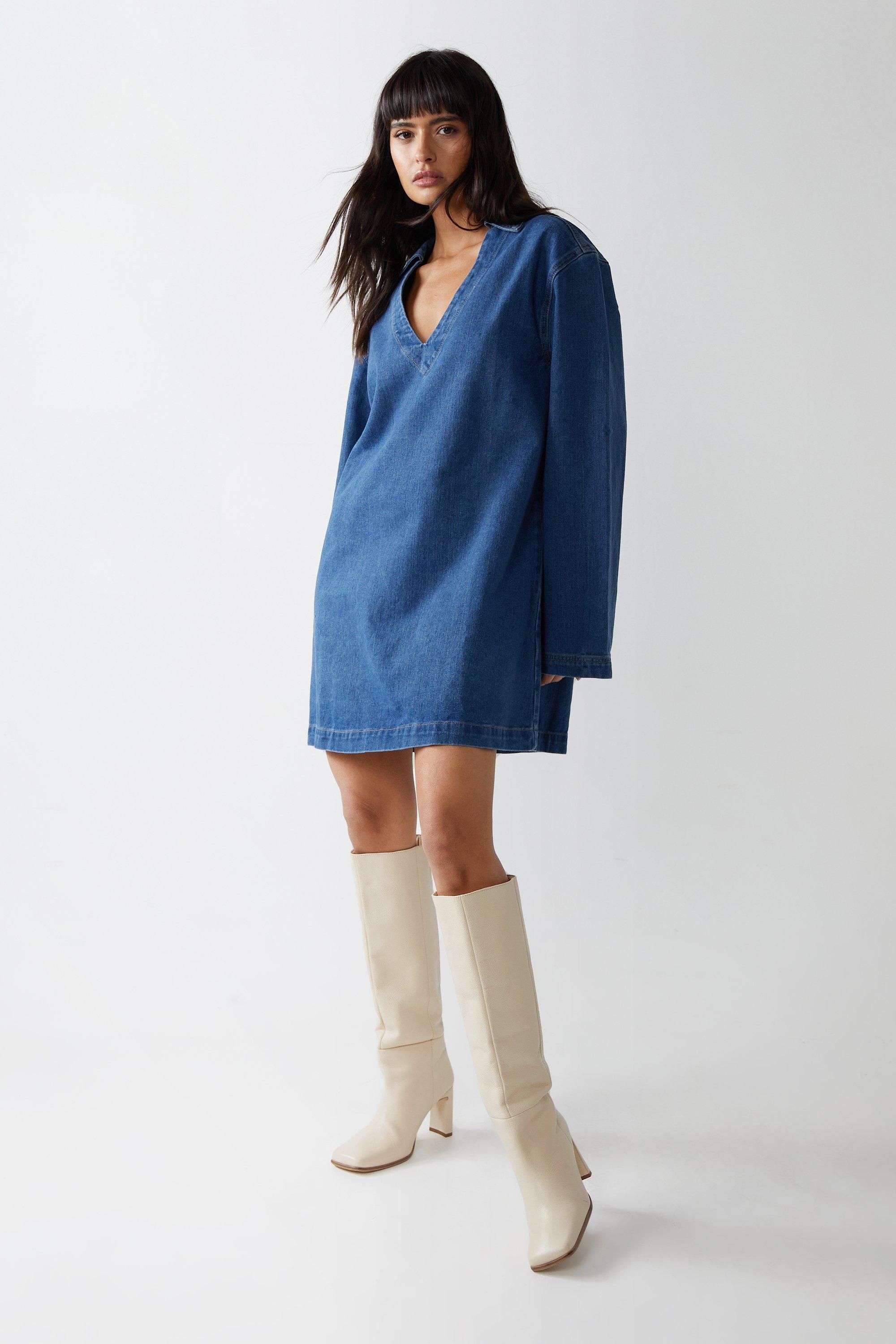 Warehouse Long Sleeve Denim Smock Dress Blue image 2