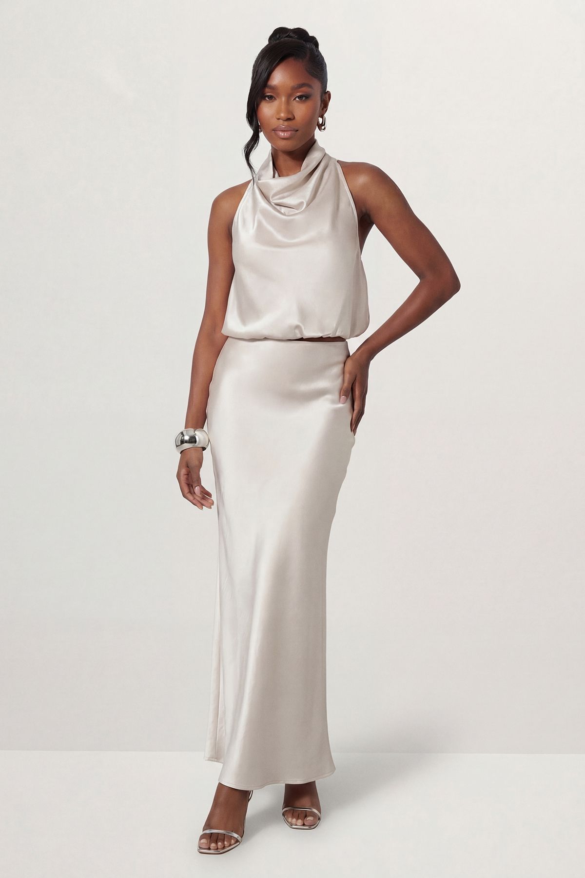 MissPap Premium Satin Bias Puddle Skirt Silver image 1