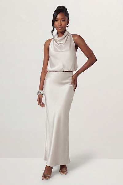 MissPap Premium Satin Bias Puddle Skirt Silver