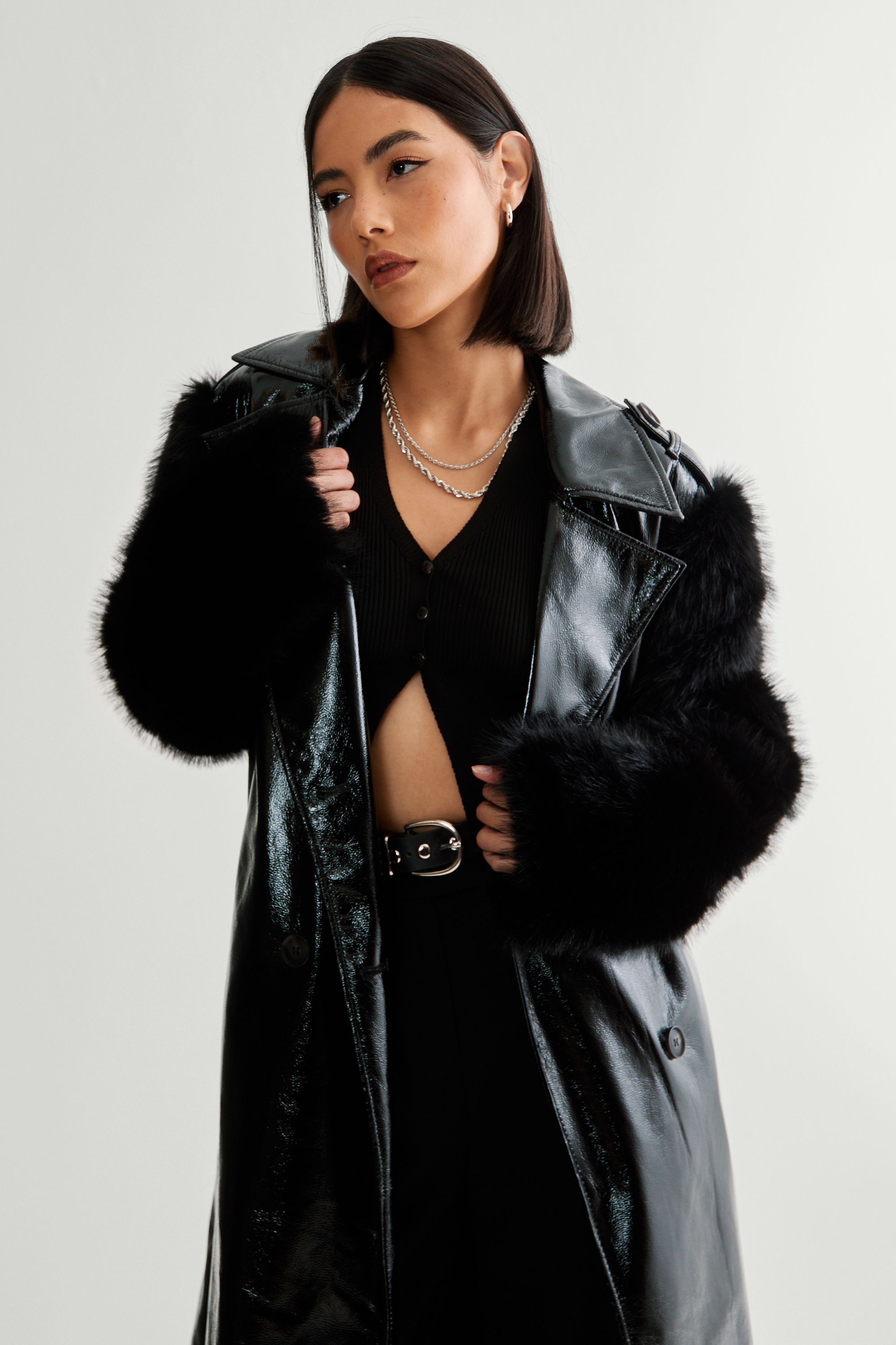NastyGal Premium Vinyl Fur Trim Coat True Black image 2