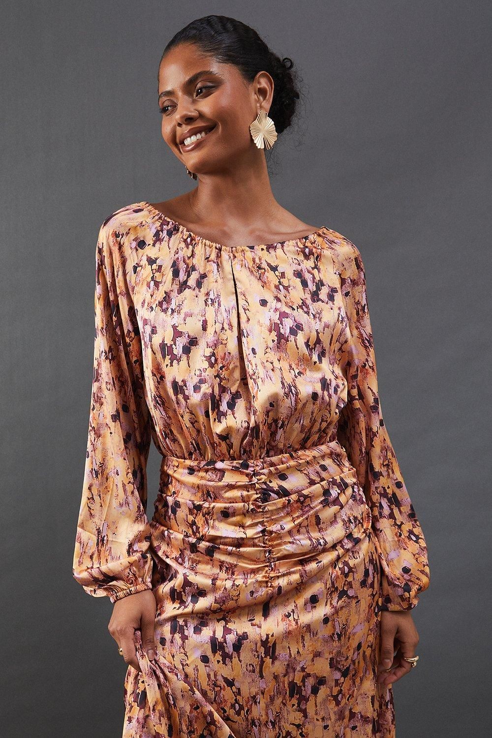 Warehouse Print Satin Ruched Front Midi Dress Orange image 4