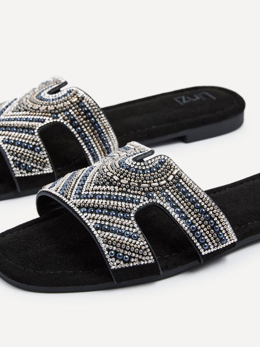 Linzi Indira Black Suede Aztec Design Embellished Slider Sandal image 4