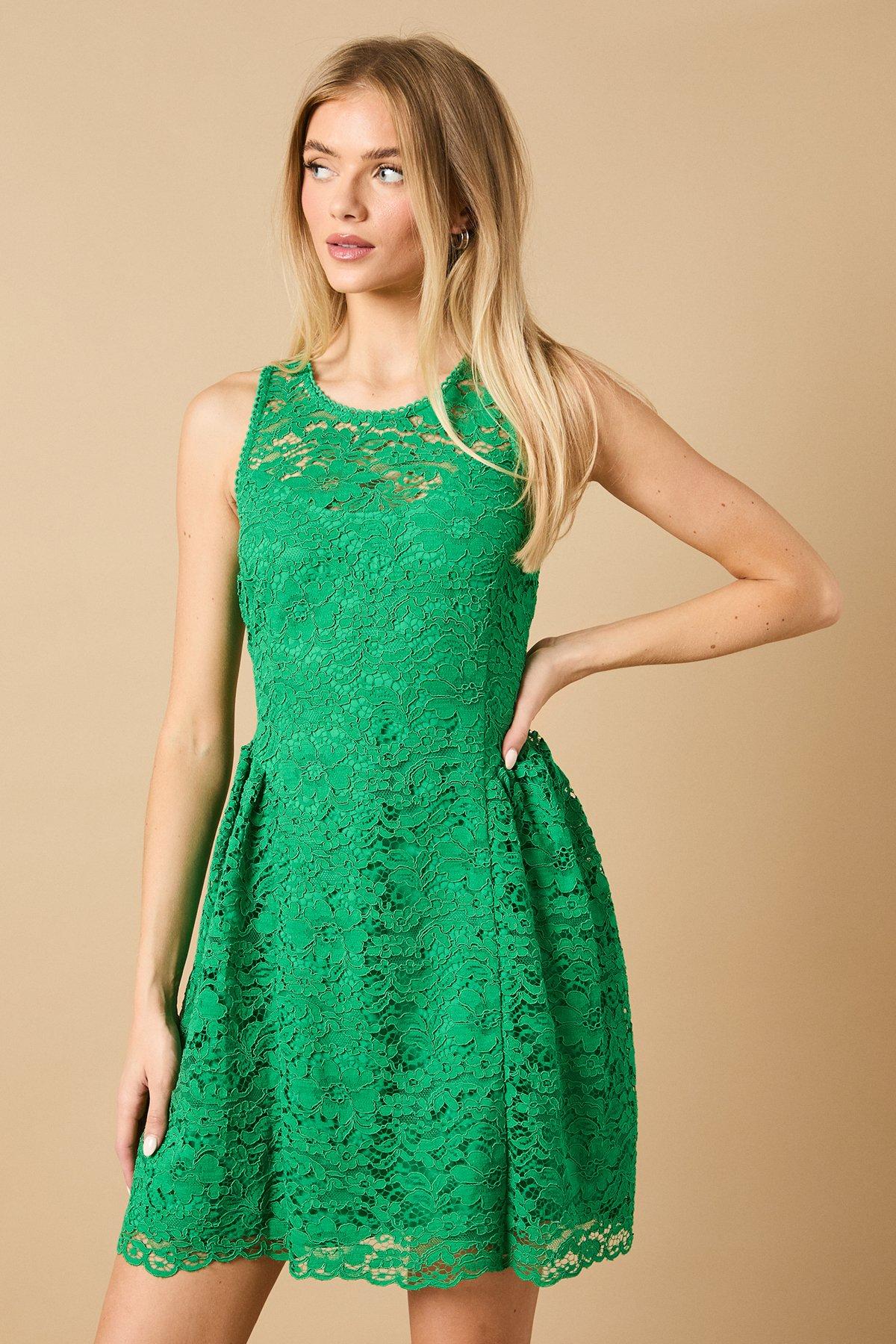 Oasis High Neck Lace Detailed Mini Dress Green image 2