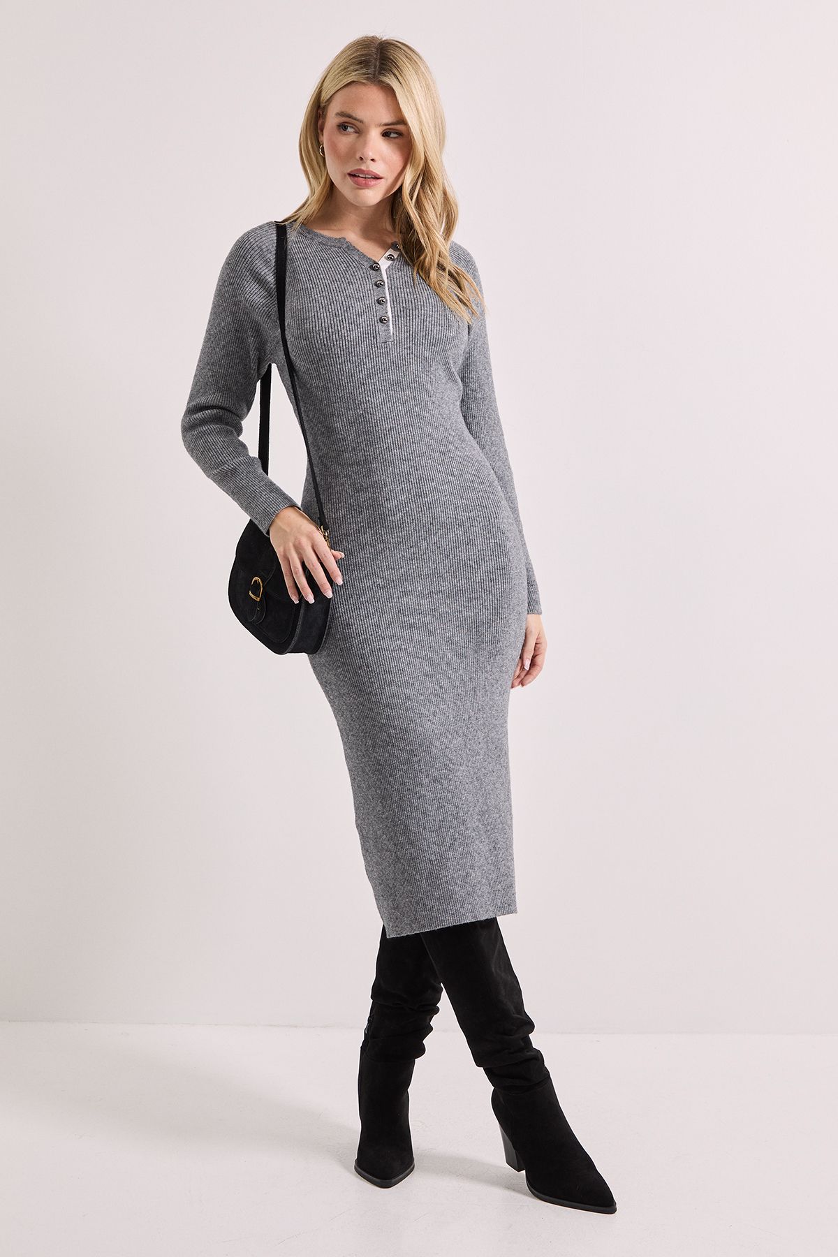 Dorothy Perkins Charcoal Henley Crew Knitted Midi Dress Charcoal image 1