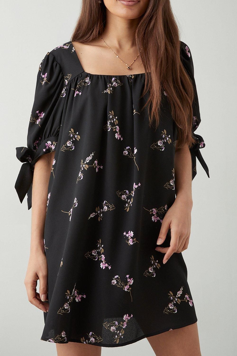 Dorothy Perkins Petite Black Floral Babydoll Mini Dress Black image 5