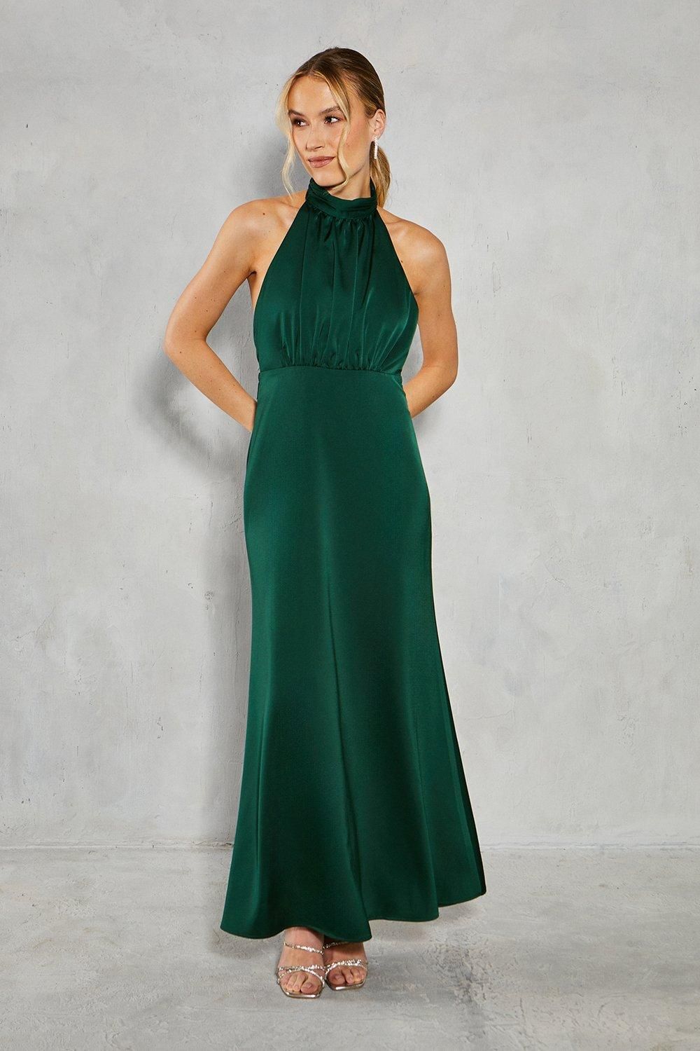 Oasis Satin Halter Bias Cut Maxi Bridesmaid Dress Emerald image 1