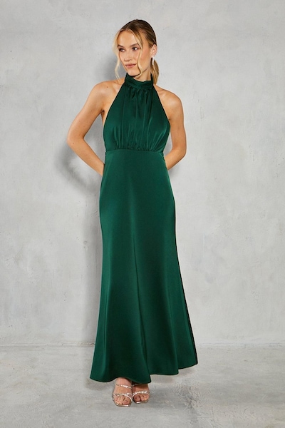Oasis Satin Halter Bias Cut Maxi Bridesmaid Dress Emerald