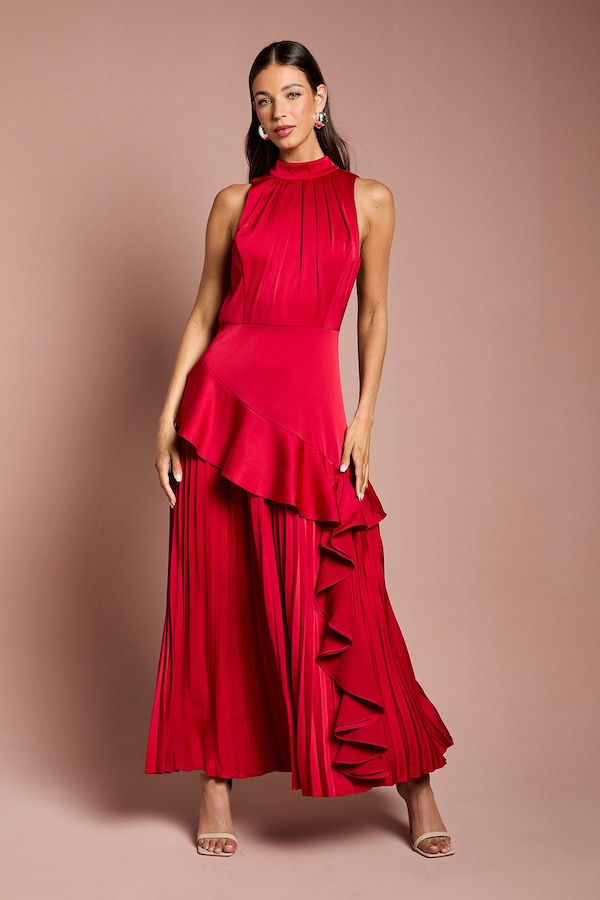 Coast Sleeveless Ruffle Pleat Satin Back Crepe Dress Red