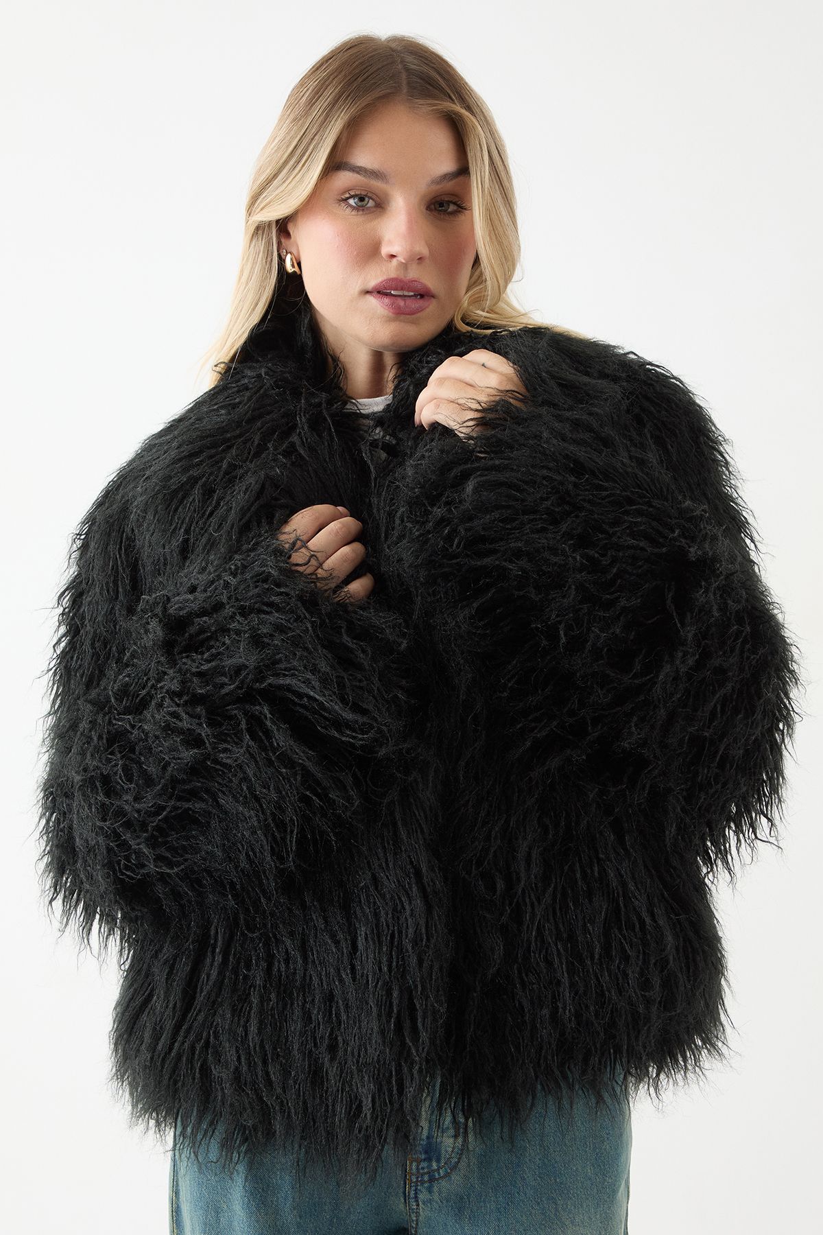 MissPap Mongolian Collared Faux Fur Jacket Black image 4