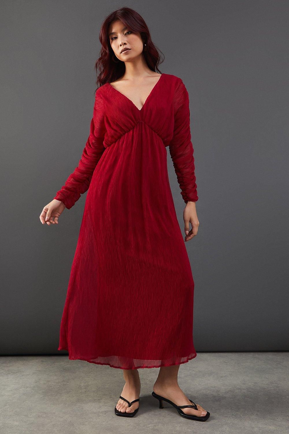 Warehouse Micro Pleat Batwing Midi Dress Hot Pink