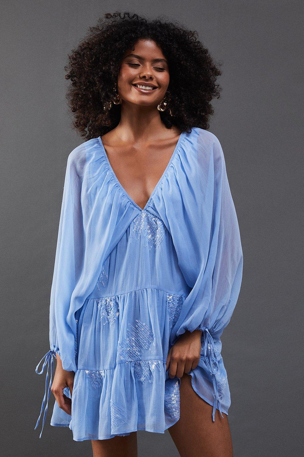 Warehouse Denim-blue Sequin Embellished Volume Sleeve Mini Smock Dress |  PrettyLittleThing