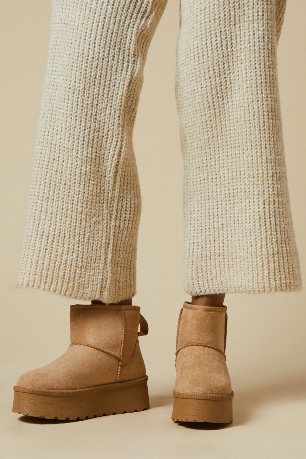 Dorothy Perkins Izzy Suedette Cosy Chunky Flatform Ankle Boots Beige image 2