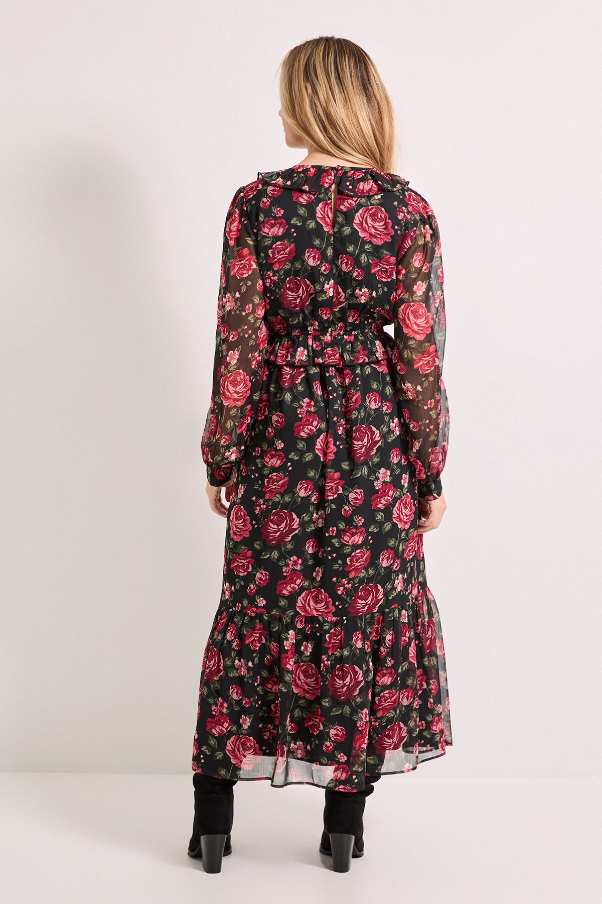Dorothy Perkins Petite Black Floral Pleat Bodice Ruffle Neck Blouson Sleeve Midaxi Dress Floral image 3