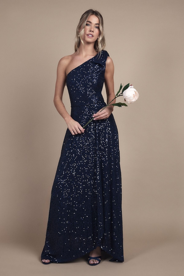 Coast Teen Coast Sequin Bow One Shoulder Maxi Bridesmaid Dress Navy