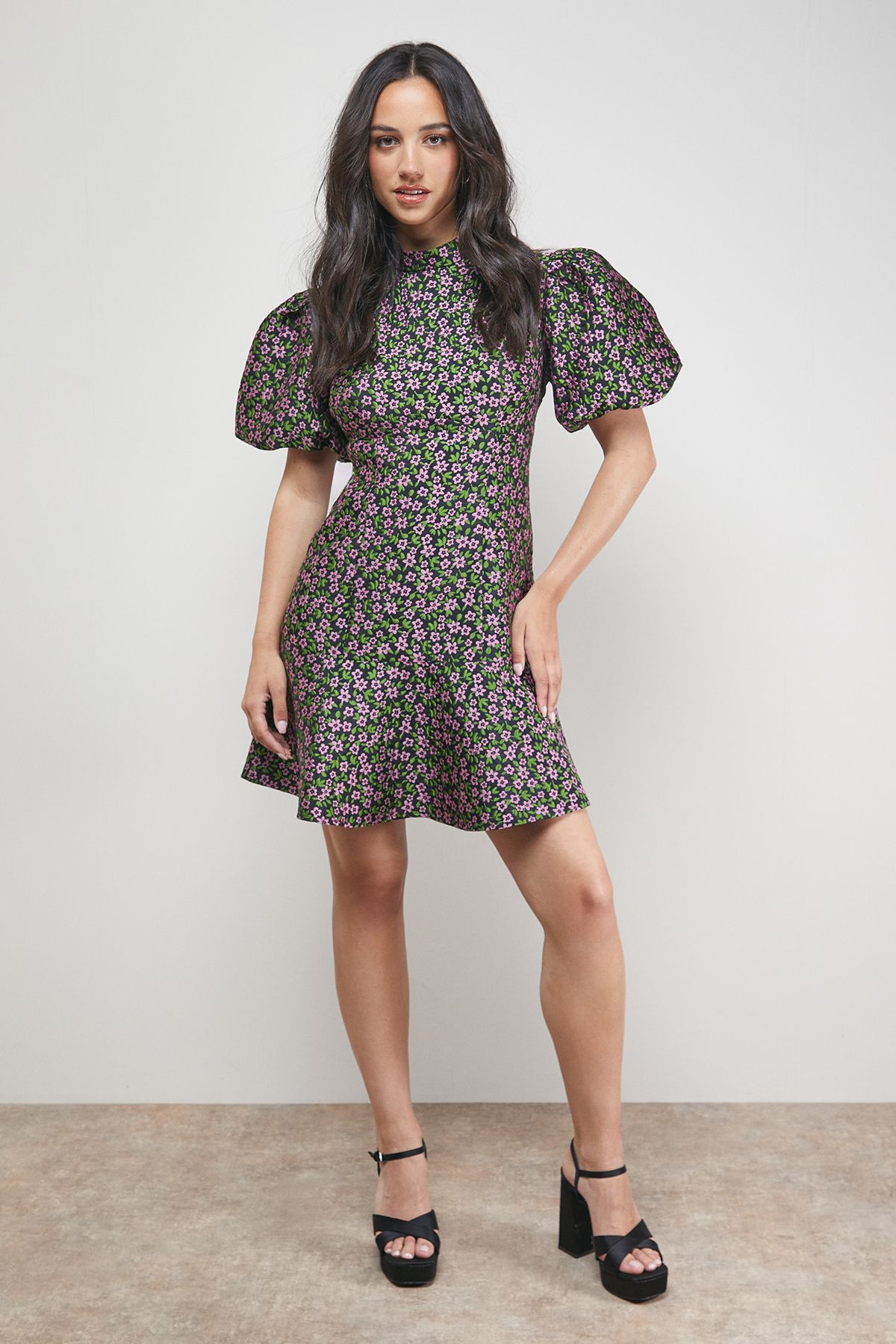 Oasis Floral Jacquard High Neck Puff Sleeve Peplum Mini Dress Black image 2