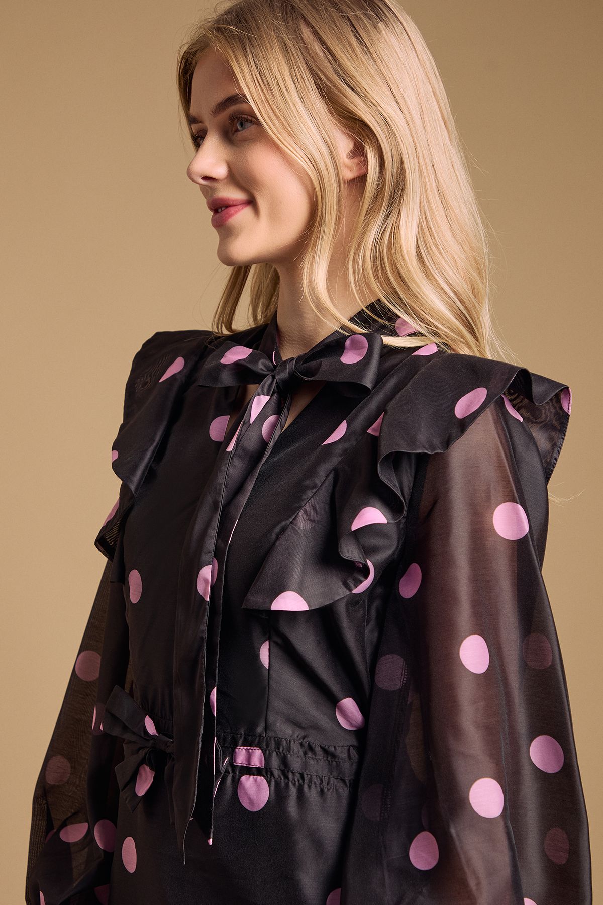 Oasis Tie Neck Ruffle Fit and Flare Mini Dress Black image 4