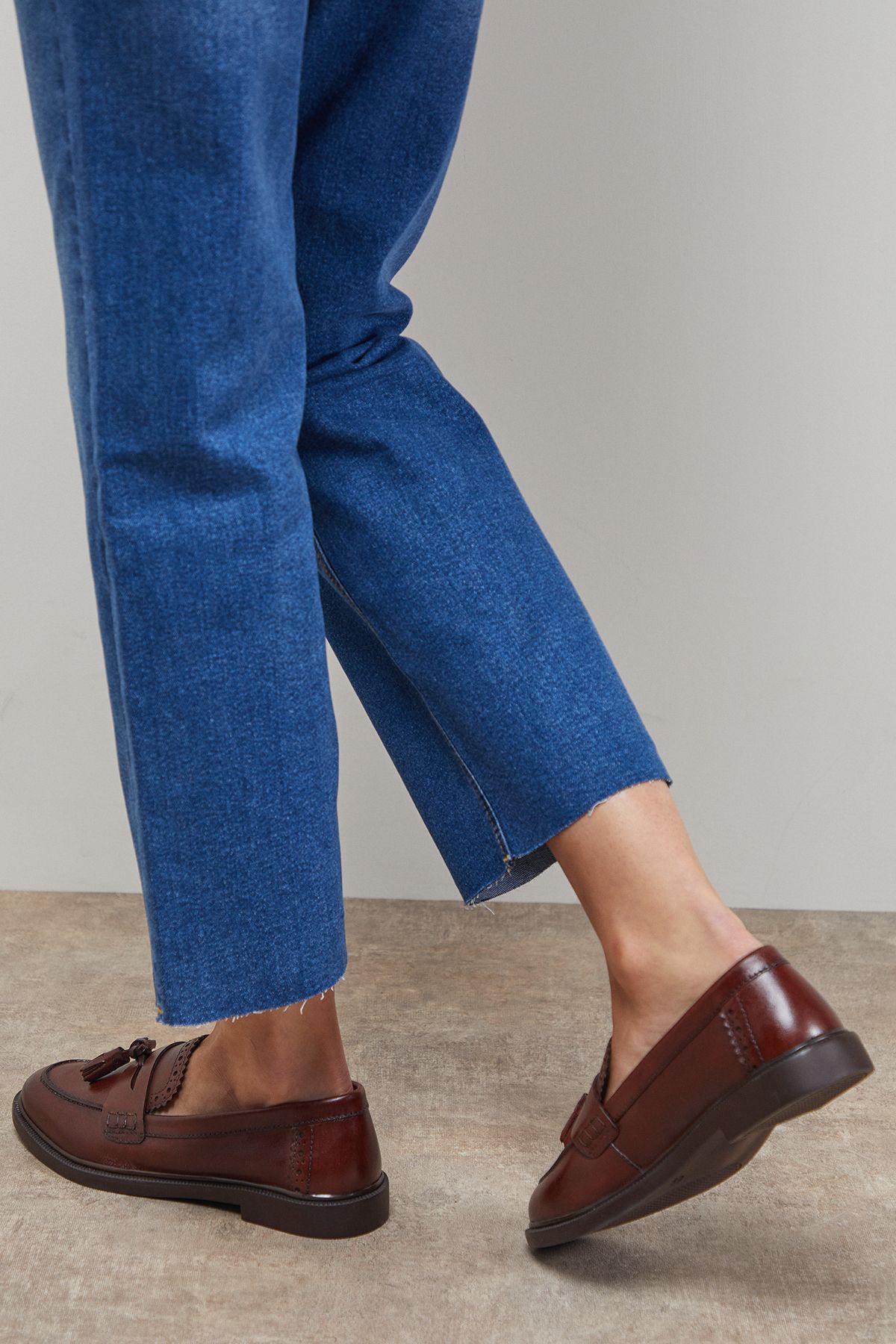 Oasis Bunny Real Leather Brogue Detail Tassel Loafers Dark Tan image 3